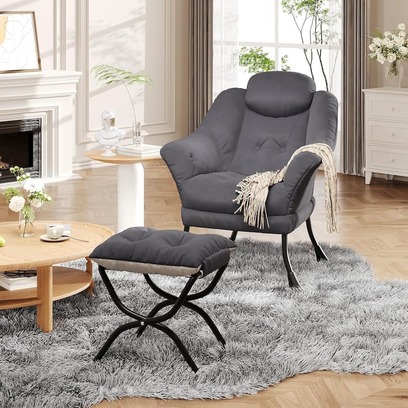 Modern Accent Comfy Lazy Sofa Chair with Ottoman for Bedroom or Living Room - Grey