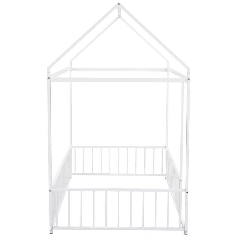 Twin Size Metal Bed House Bed Frame with Fence, for Kids, Teens, Girls, Boys