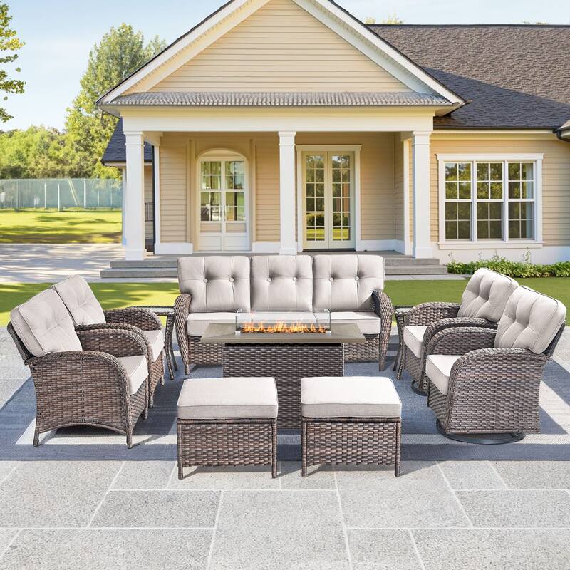 10-Piece Outdoor Sofa Chair with 41" Fire Table - Brown Wicker & Beige Cushion