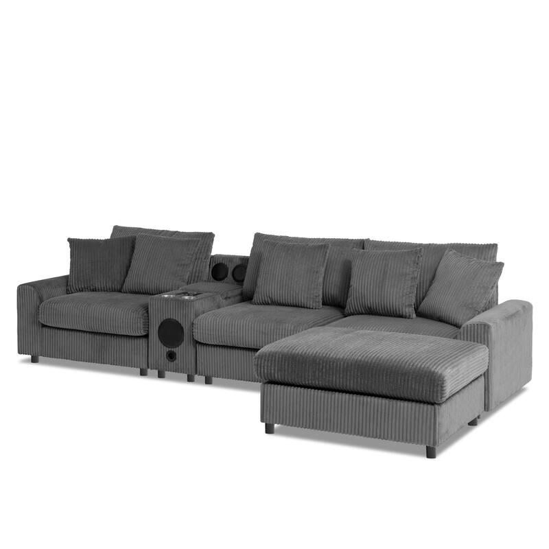 Corduroy Sectional Sofa With Bluetooth Speakers,L Shaped Couch With Console,Usb Charger,Cup Holders,Storage,Ottoman