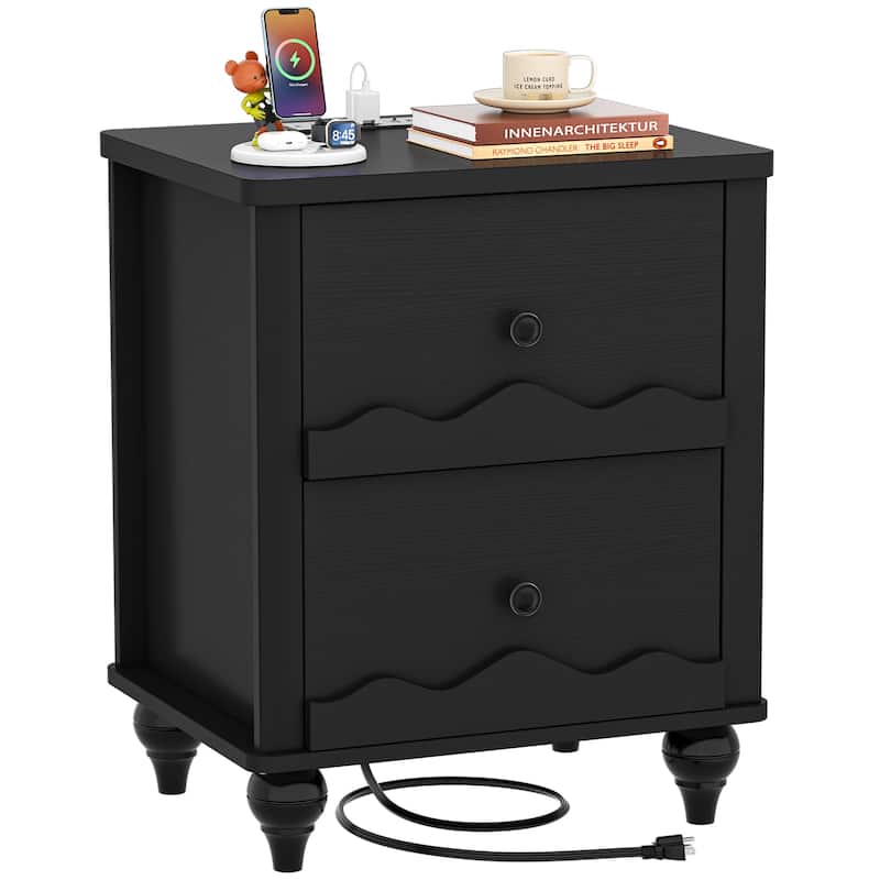 Modern Nightstand with Charging Station, Side End Table with 2 Drawers