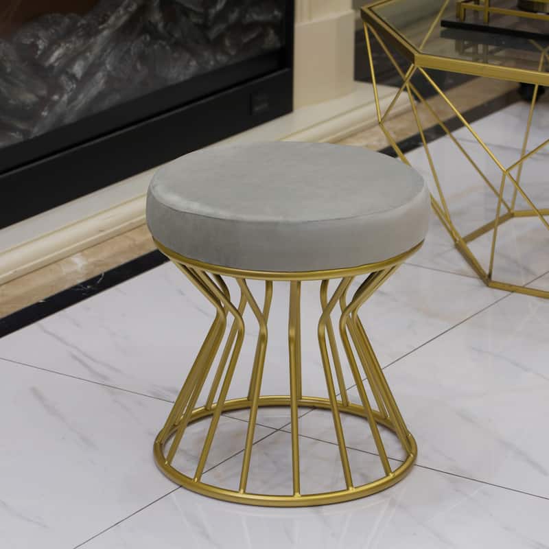Modern Round Velvet Stool with Bent Gold Metal Base Standard Ottoman
