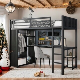 Black Twin XL/ Full XL/ Queen Loft Bed with Wardrobe,Kids Bed with Workstation and Storage for Bedroom