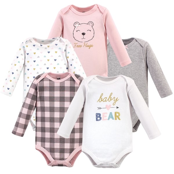 slide 1 of 1, Hudson Baby Infant Girl Cotton Long-Sleeve Bodysuits 5pk, Girl Baby Bear 0-3 Months - Girl Baby Bear 5-Pack