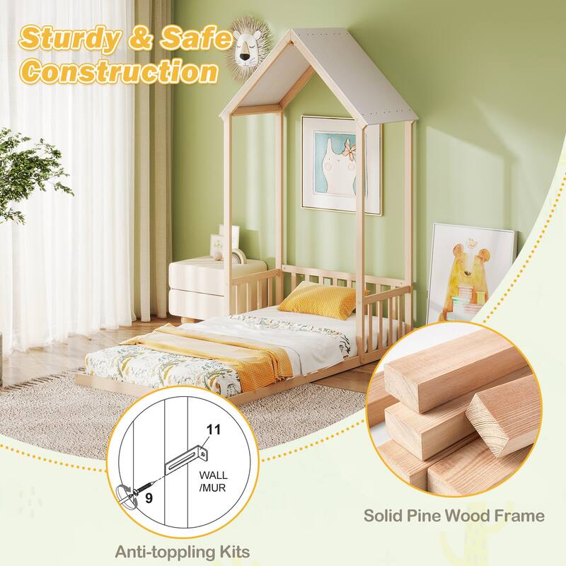 Twin Size Wooden Montessori Floor Bed with House Shape Frame and Semi-Fence Railings for Kids Room