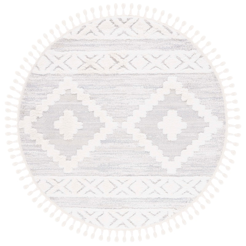 SAFAVIEH Moroccan Tassel Shag Marybelle 2-inch Thick Rug - 6'7" Round - Ivory/Beige
