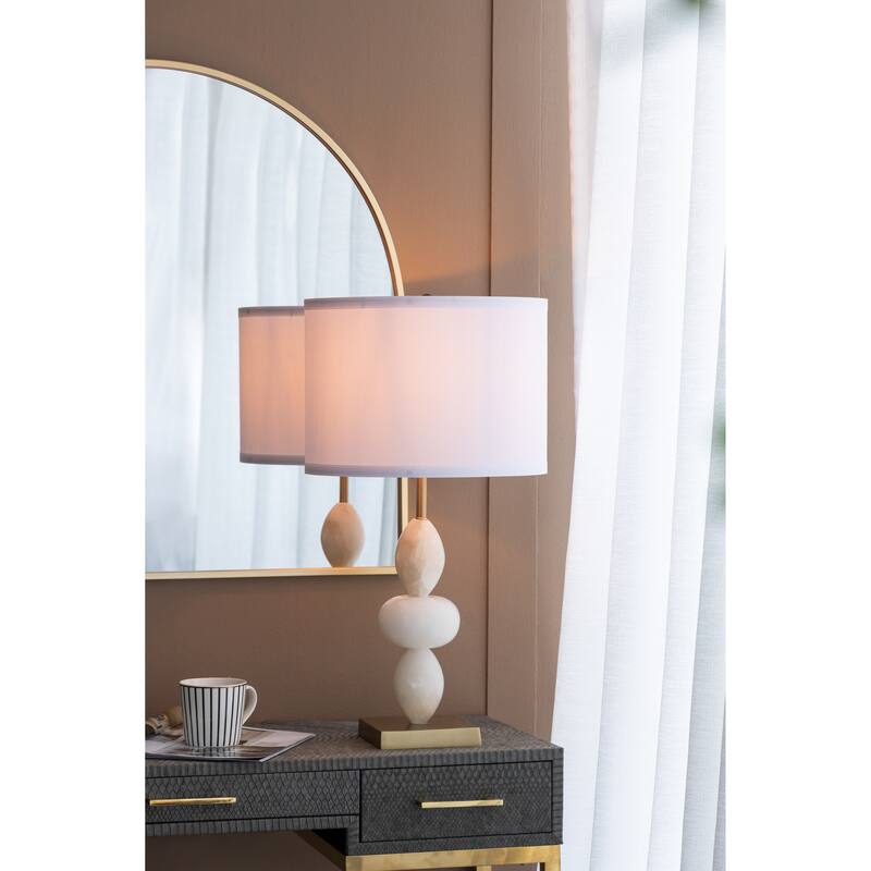 White and Gold Three Tiered Round Table Lamp with Drum Shade(Lamp Shade Assembly Required)