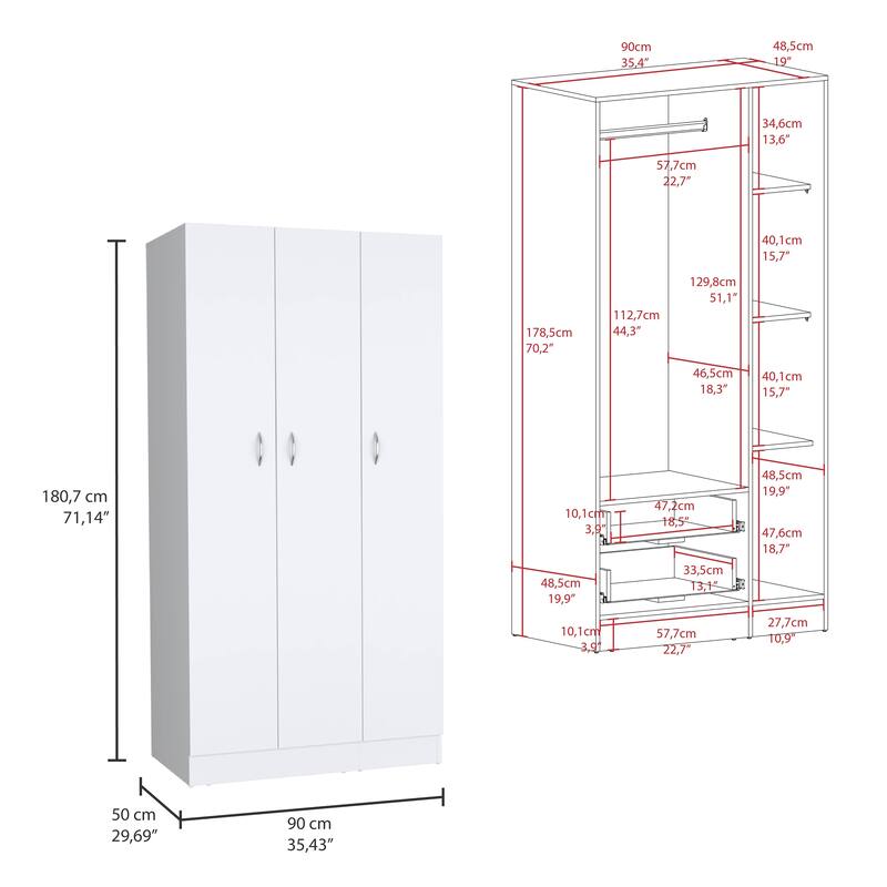 35.4" Modern Three-door Armoire with 2 Drawers and 4-Tier Shelves for Bedroom
