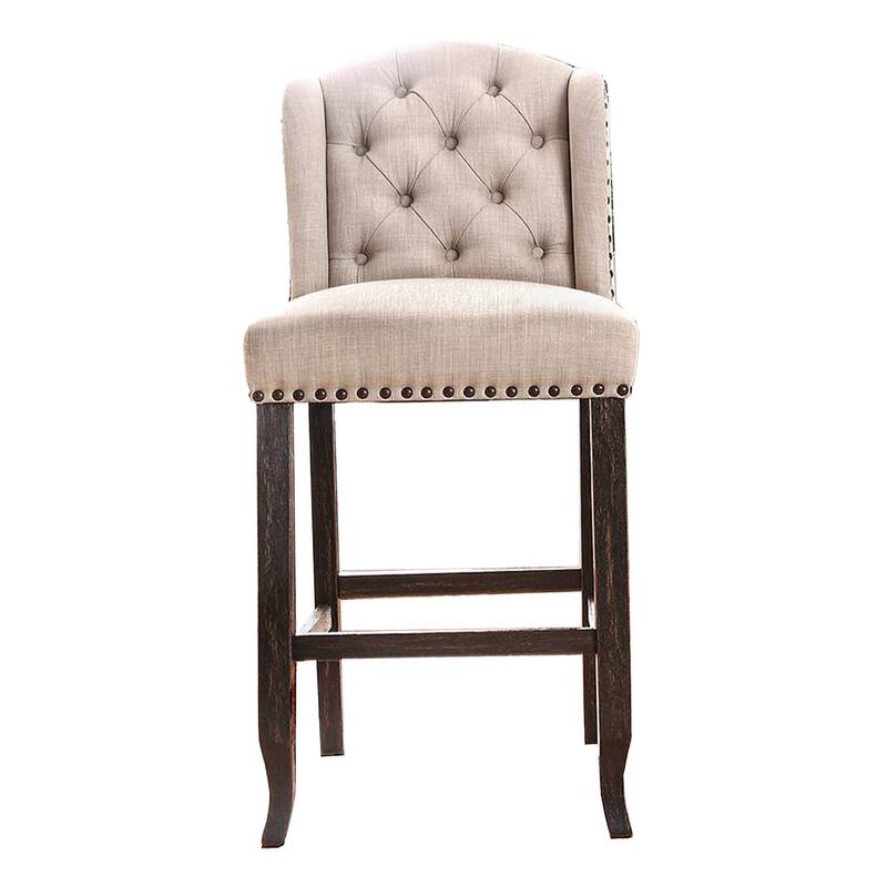 Button Tufted Fabric Upholstered Wooden Bar Chair, Beige and Black, Set of Two