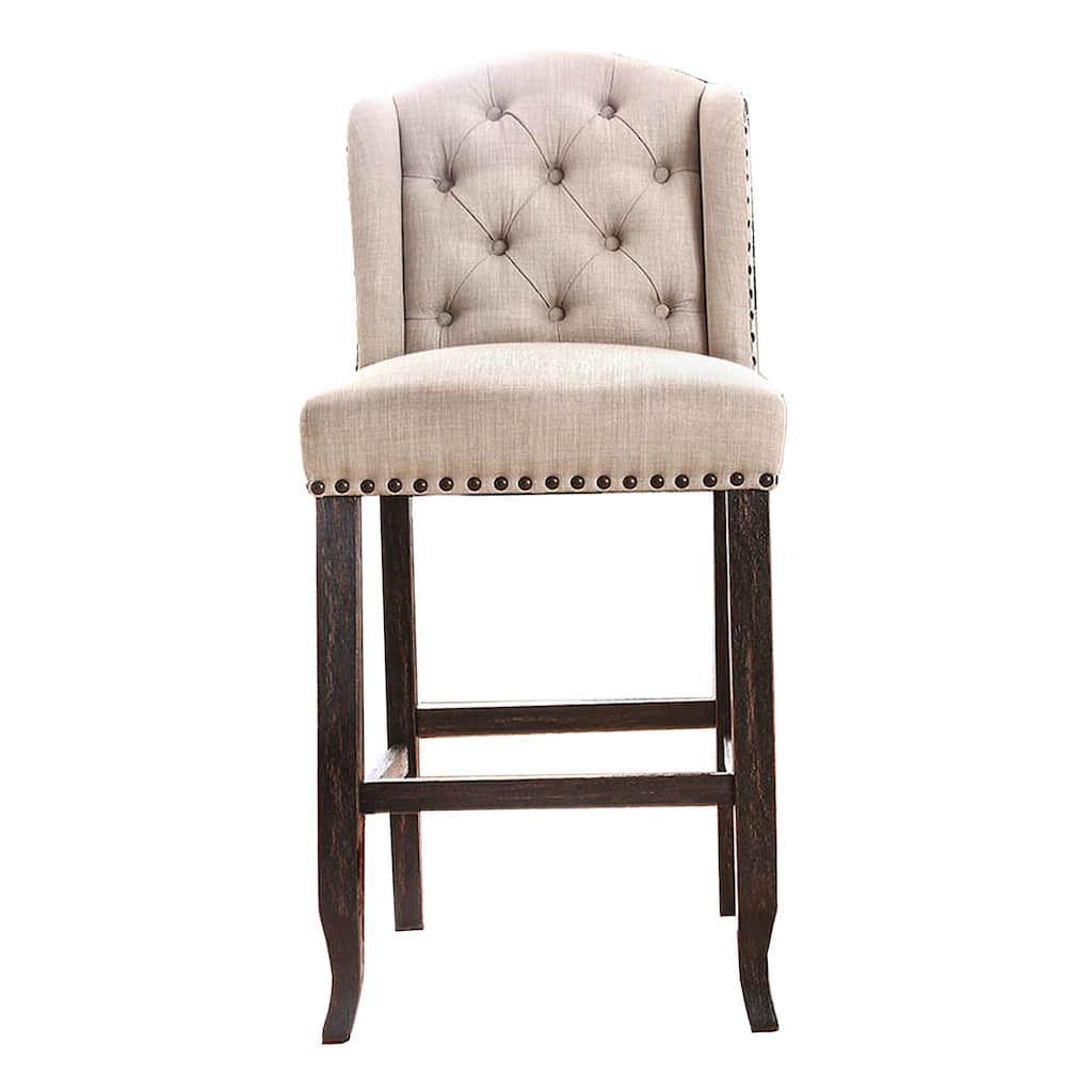 Button Tufted Fabric Upholstered Wooden Bar Chair, Beige and Black, Set of Two
