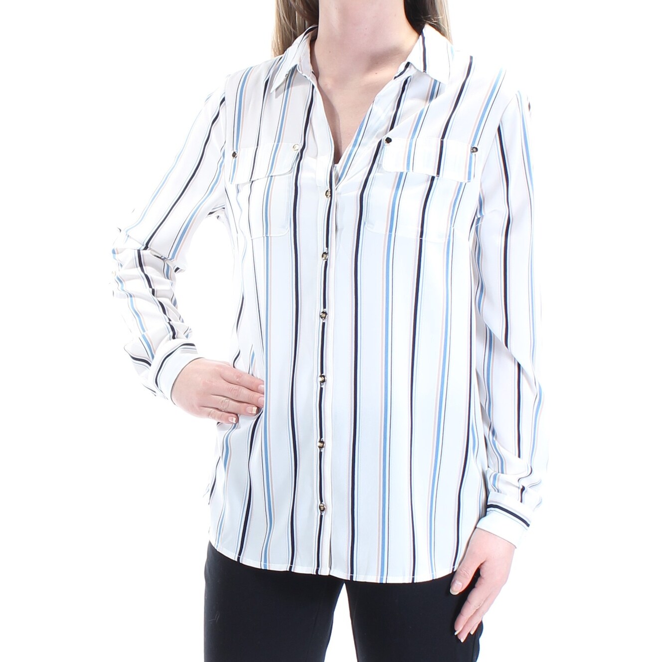 Shop Charter Club Womens Blue Pocketed Striped Cuffed Collared