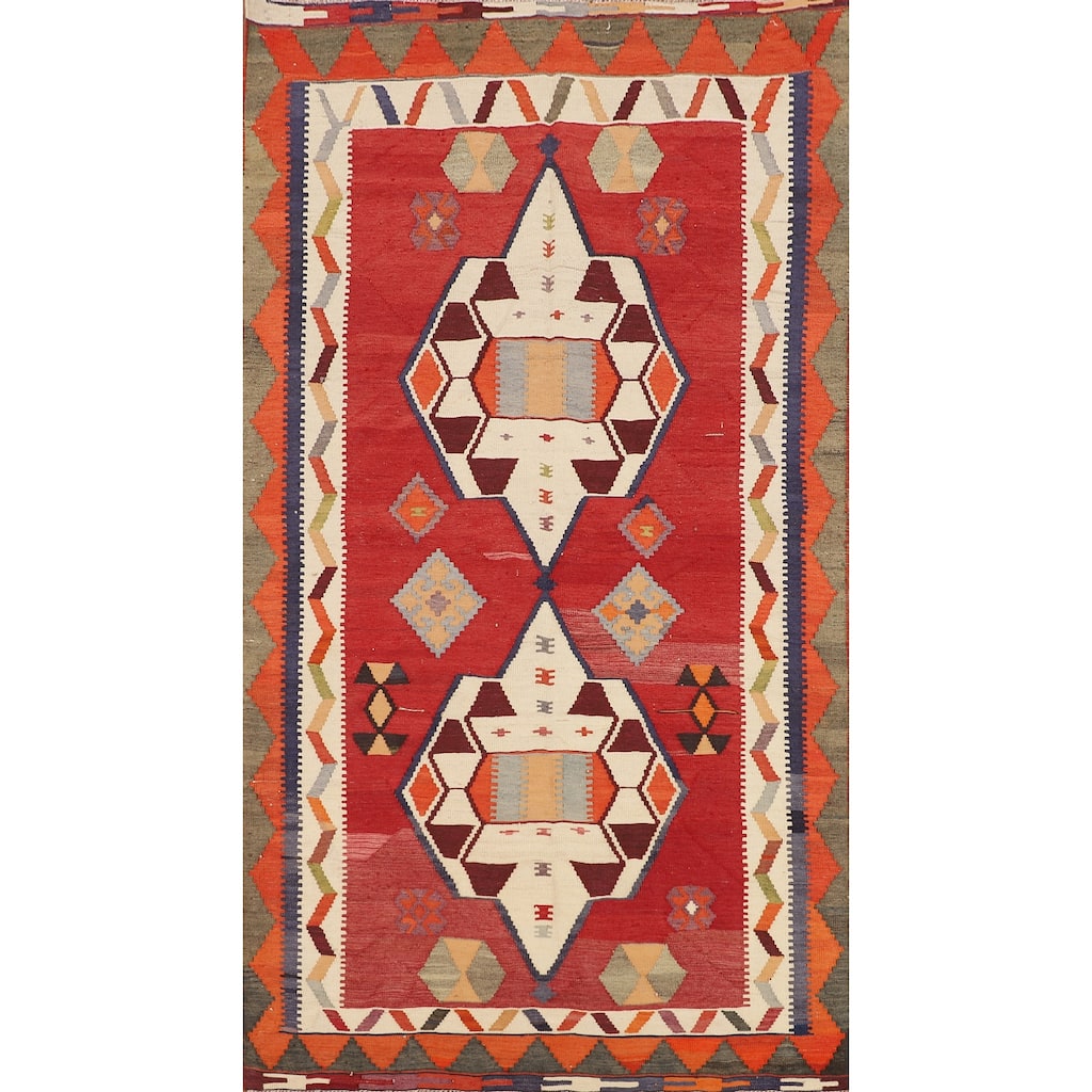 Geometric Kilim Qashqai Persian Vintage Rug Hand-Woven Wool Carpet - 4'5"x 8'1"