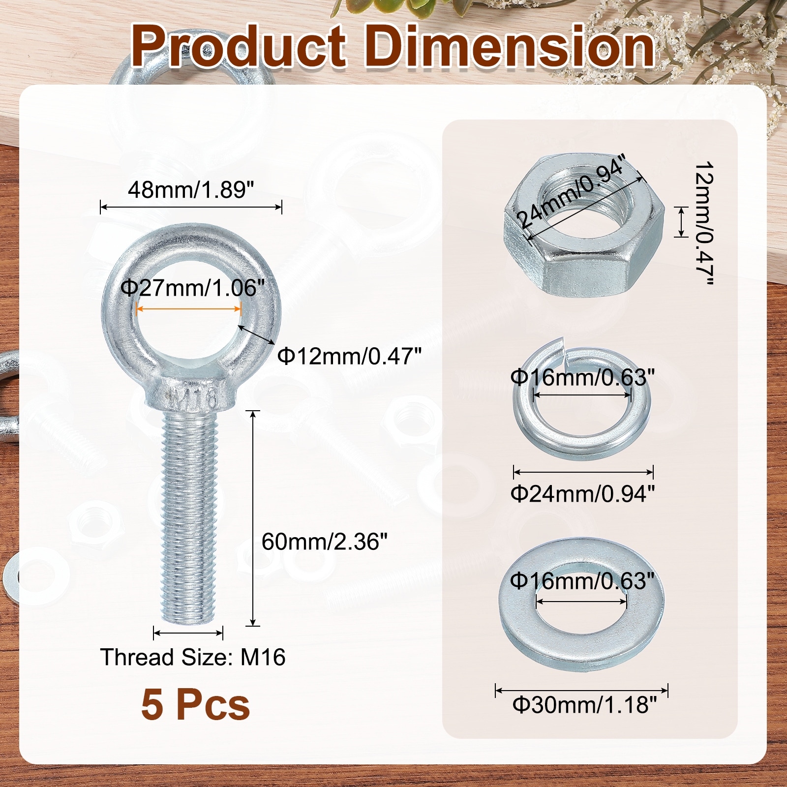 5 Pack M8 x 20mm Eye Screws Bolts Kit, Screw Eye Bolts with Nuts, Silver