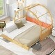 preview thumbnail 17 of 30, Twin Size House Bed Vaulted Roof Bed with Stretchable Trundle & Fence, Unique Adjustable Grounded Bed Twin to King Bed Frame Natural - Twin