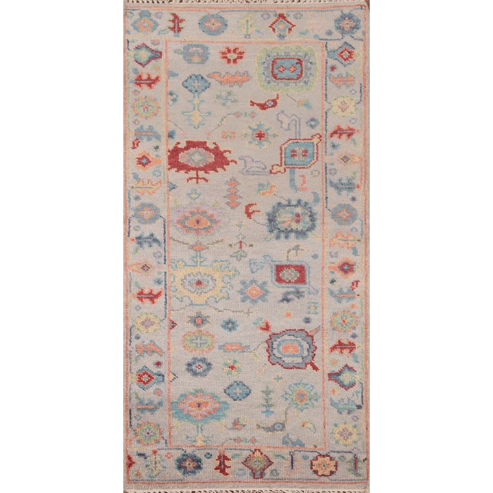 Transitional Floral Oushak Accent Rug Hand-Knotted Grey Wool Carpet - 2'8"x 5'11"