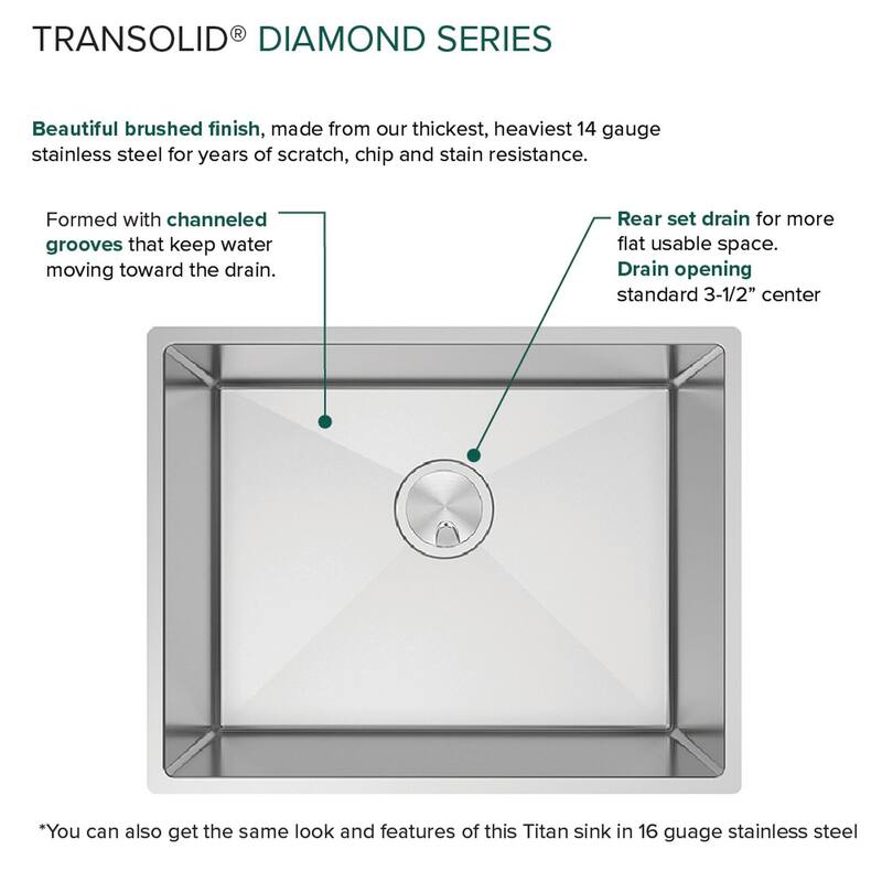 Diamond Titan Sink Kit with Single Bowl, Undermount Installation, Magnetic Accessories Kit, and Drain Kit - No Faucet Hole