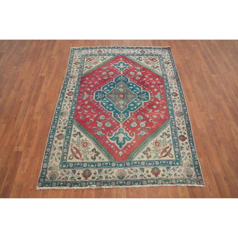Hand Knotted Oriental 100% Wool Carpet Traditional Floral Pink Tabriz Area Rug - 6' 3'' X 4' 7''