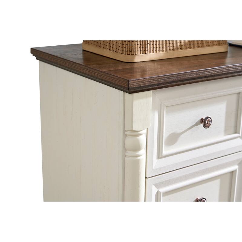 Anmytek White and Walnut 7 Drawer Dresser - Farmhouse Bedroom Storage with Mixed Hardware