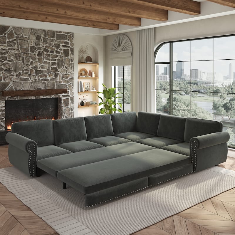 L-Shaped Sofa Couch with Pull-Out Bed, Convertible Sleeper Sofa with Nailhead Trim & Rolled Arms, Chenille Upholstered Couch