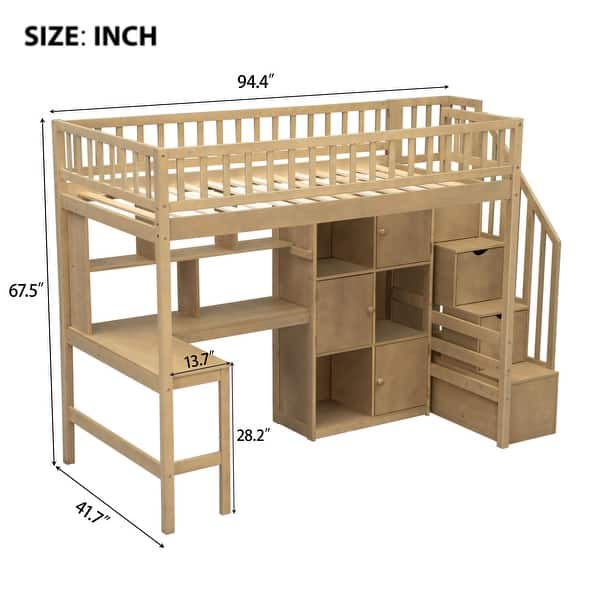 dimension image slide 1 of 2, Wooden Loft Bed Twin Size High Loft Bed with Light, Cabinets and Storage Shelves, All-in-One Bed Frame with Staircase and Desk