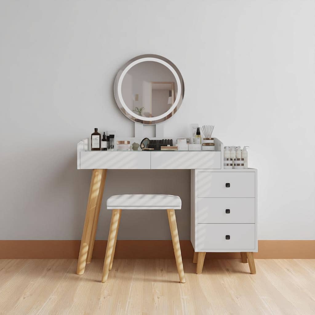 Vanity Table with LED Mirror, USB, 5 Drawers, Glass Top & Removable Side Table with Padded Stool