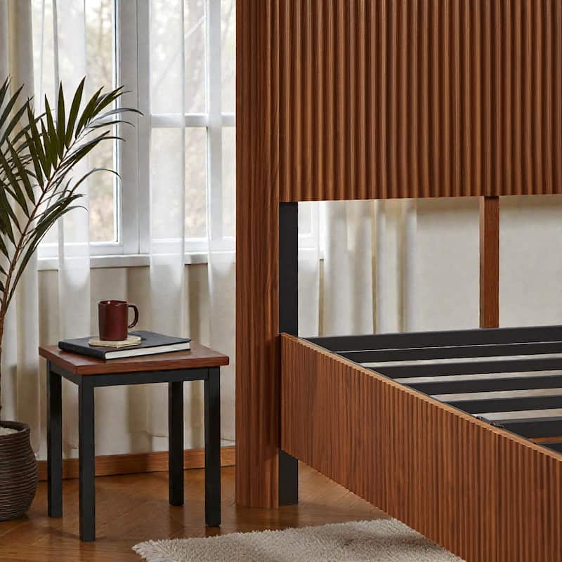 Wood Bed Frame with Corrugated Curved Wood Panels, Heavy Duty Metal Support, No Box Spring Needed