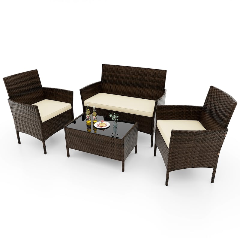 Gymax 4 PCS Patio Rattan Conversation Set Outdoor Wicker Furniture Set