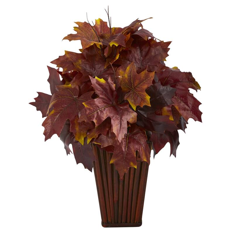 Mini Artificial Palm Plant - 15.5" Modern Home Decor - Realistic Fake Tropical Foliage - Burgundy - 19