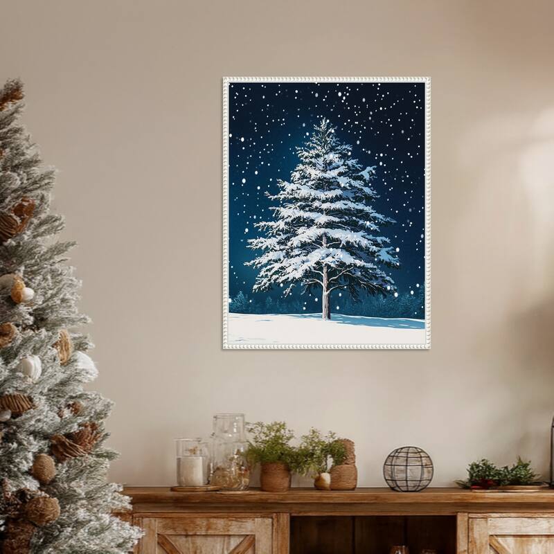Winter Snowy Pine Tree by Pictufy Studio Framed Canvas Wall Art Print - Sylvie Beaded White