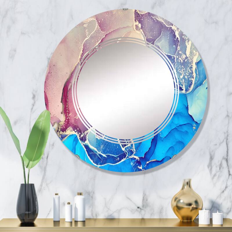 Designart 'Blue And Purple Liquid Art I' Printed Modern Wall Mirror - 32in.x32in.