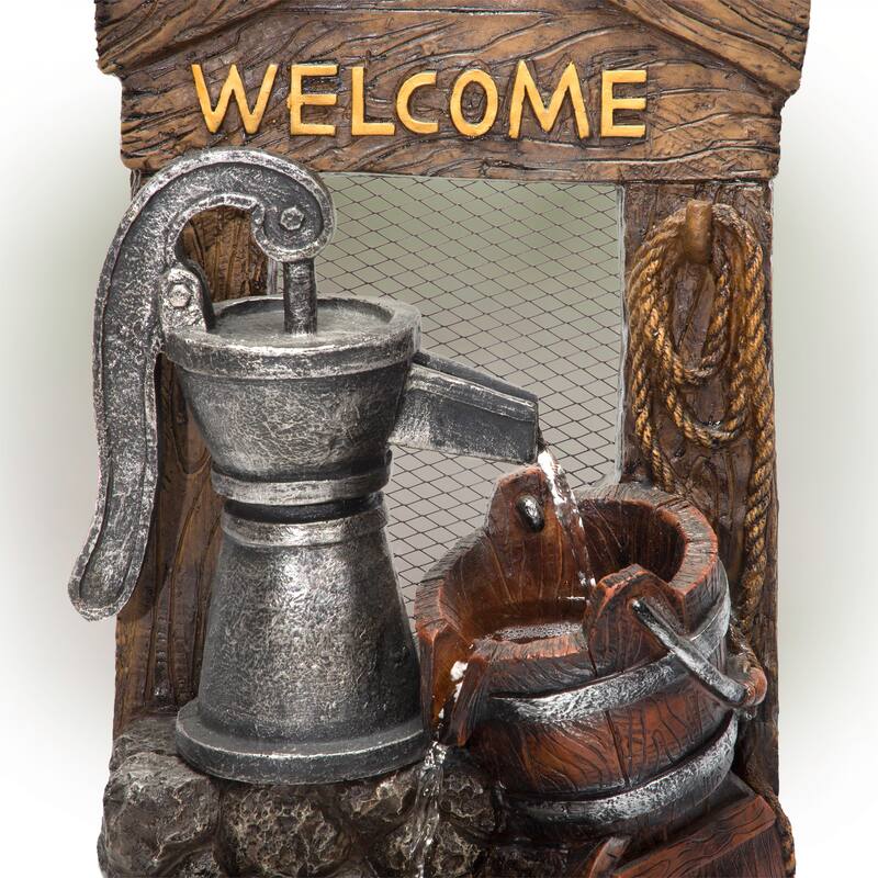Alpine Corporation 24" Tall Vintage Water Pump with Welcome Sign and Barrels Fountain Yard Art Décor, Multicolor