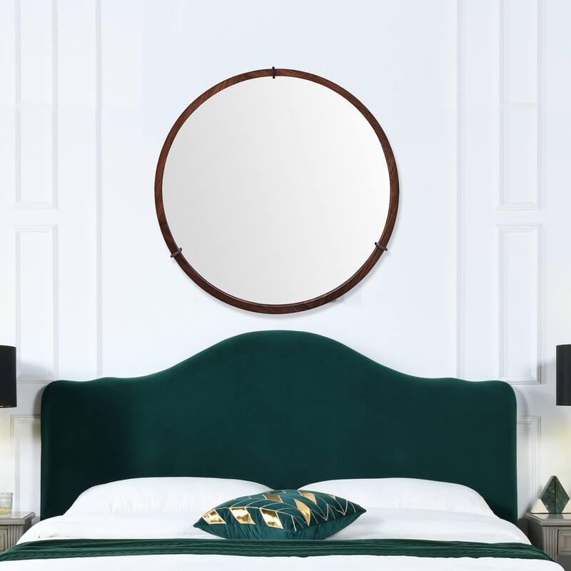 Mid-Century Modern Round Accent Mirror - Brown Walnut Wood & Veneer