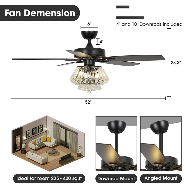 52" Modern Black Downrod Mount Crystal Ceiling Fan with Light and Remote Control - 52 in. D x 52 in. W x 21.6 in. H