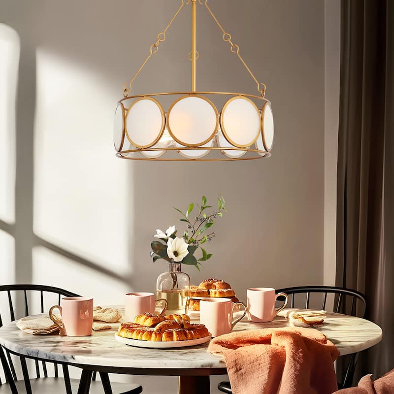 Modern Farmhouse 3-Light Antiqued Gold Drum Chandelier Glass Pendant Lights for Dining Room - 16.5" D x 19.5" H