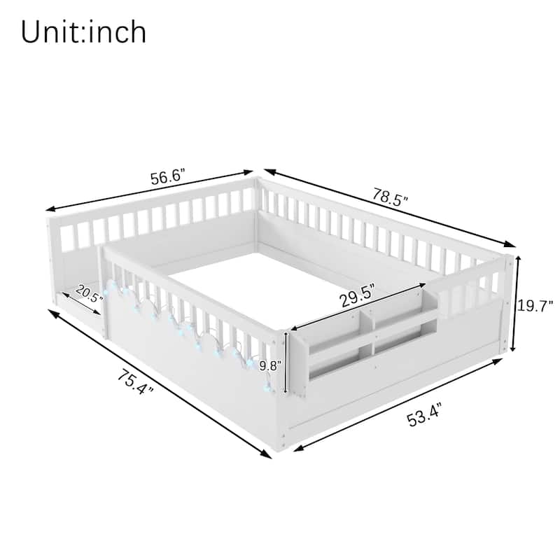 Full Size Toddler Floor Bed Fence Bed with Guardrails, White