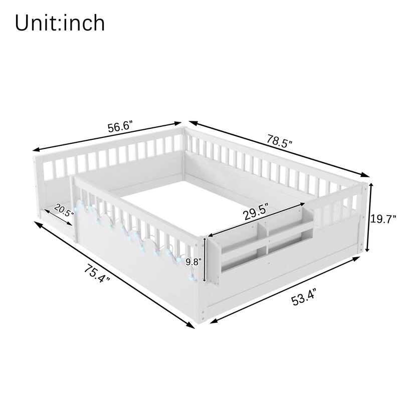 Wooden Kids Montessori Floor Bed with LED Light and Storage Shelf, No Slats