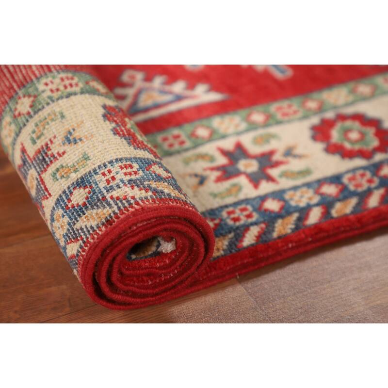 Geometric Red Kazak Foyer Rug Hand-Knotted Wool Carpet - 2'10" x 4'3"