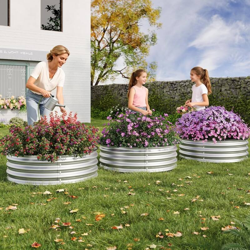 3-Pack 2x1FT Galvanized Raised Garden Beds Round for Vegetables Flowers and Fruits Silver