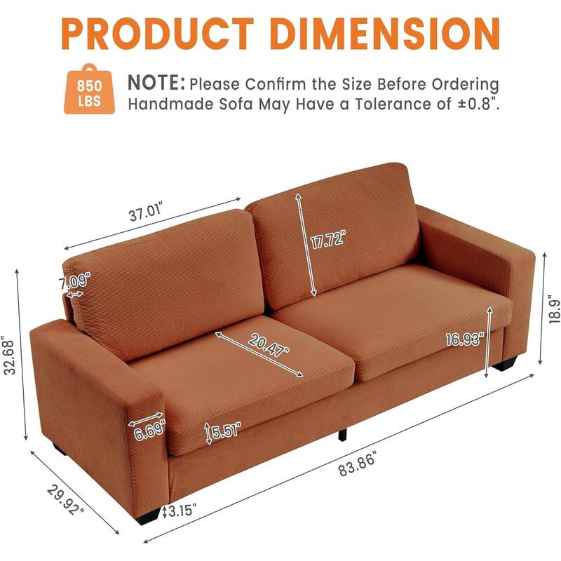 3 Seater Corduroy Upholstered Couches, with Wide Armrests, 83"