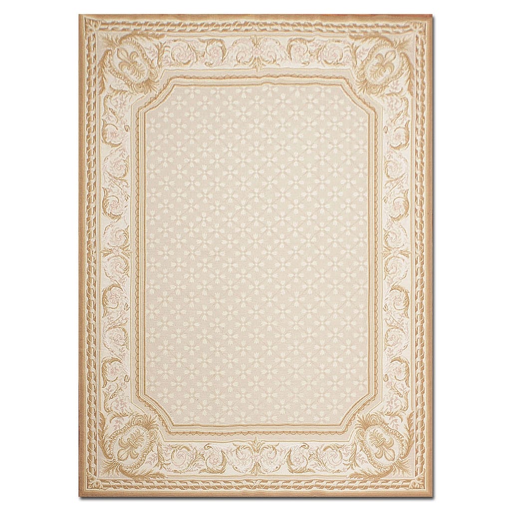 Hand Woven Beige, Ivory Aubusson Wool Traditional Oriental Area Rug - 5' 11" x 8' 7''