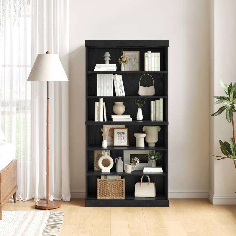 62" Solid Wood 6-Shelf Bookcase Storage with Adjustable Shelves