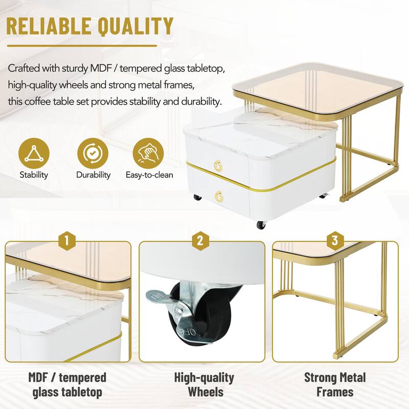 Mieres Stackable Coffee Table, Nesting Tables with Brown Tempered Glass, Wheels & Drawers and High Gloss Marble Grain Top