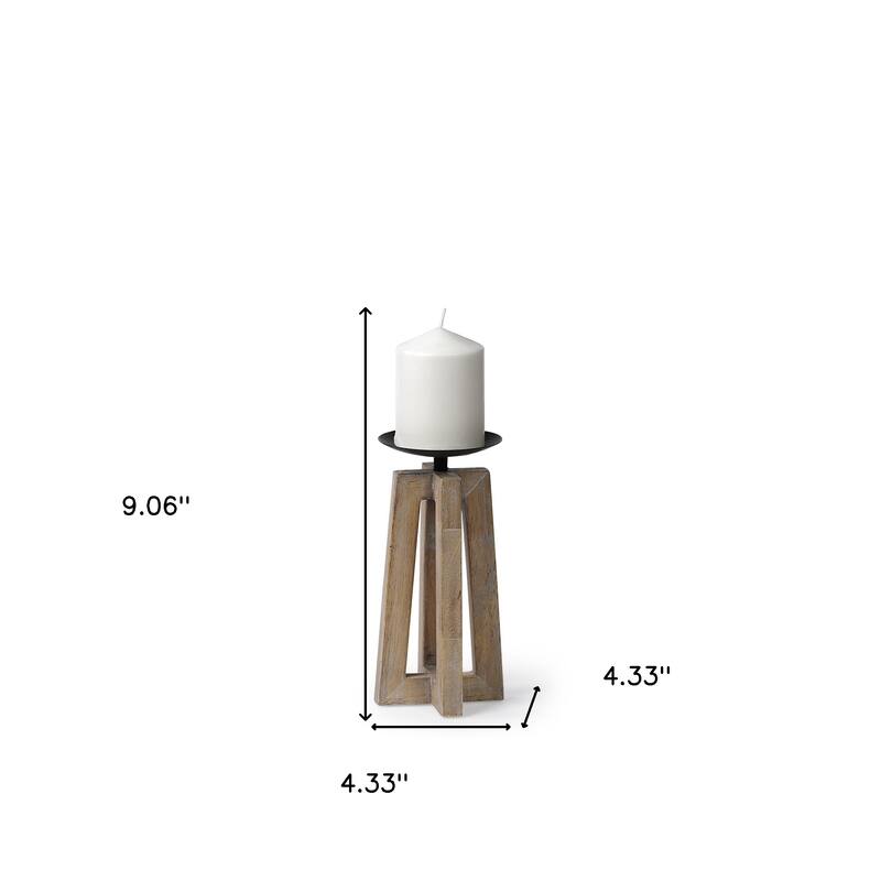9" Light Brown Distressed Geometric Solid Wood And Metal Tabletop Pillar Candle Holder