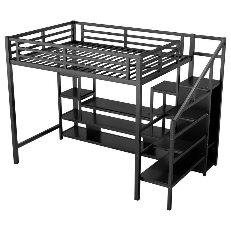 Full Size High Metal Loft Bed Frame with Entertainment TV Stand, Shelves, LED Light Strip, Charging Station, Staircase Wardrobe