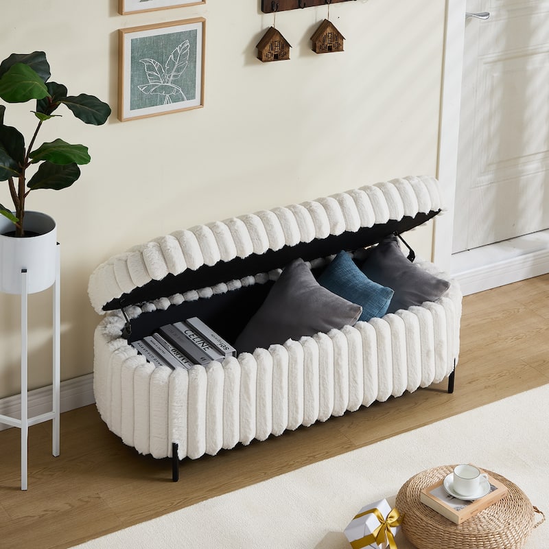 Faux Fur Flip Top Storage Bench with Black Metal Legs, Modern 49.2" Window Bench End of Bed Ottoman for Living Room or Entryway