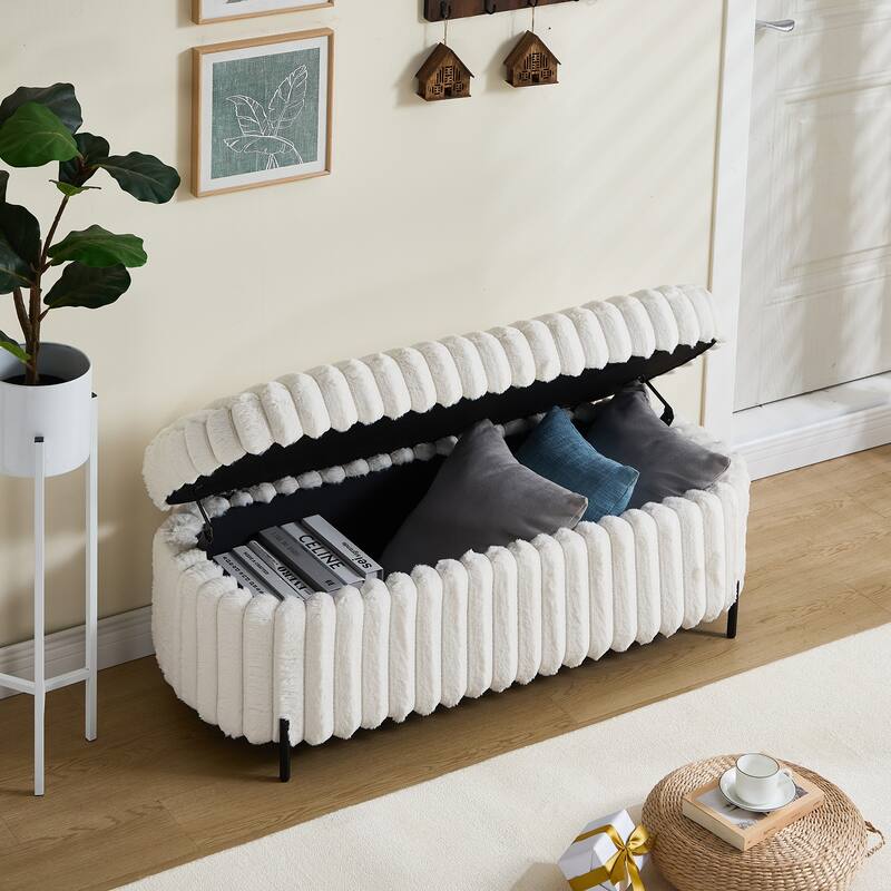 Faux Fur Upholstered End of Bed Bench, Large Flip Top Storage Bench, Curved Ottoman Bench with Adjustable Metal Legs