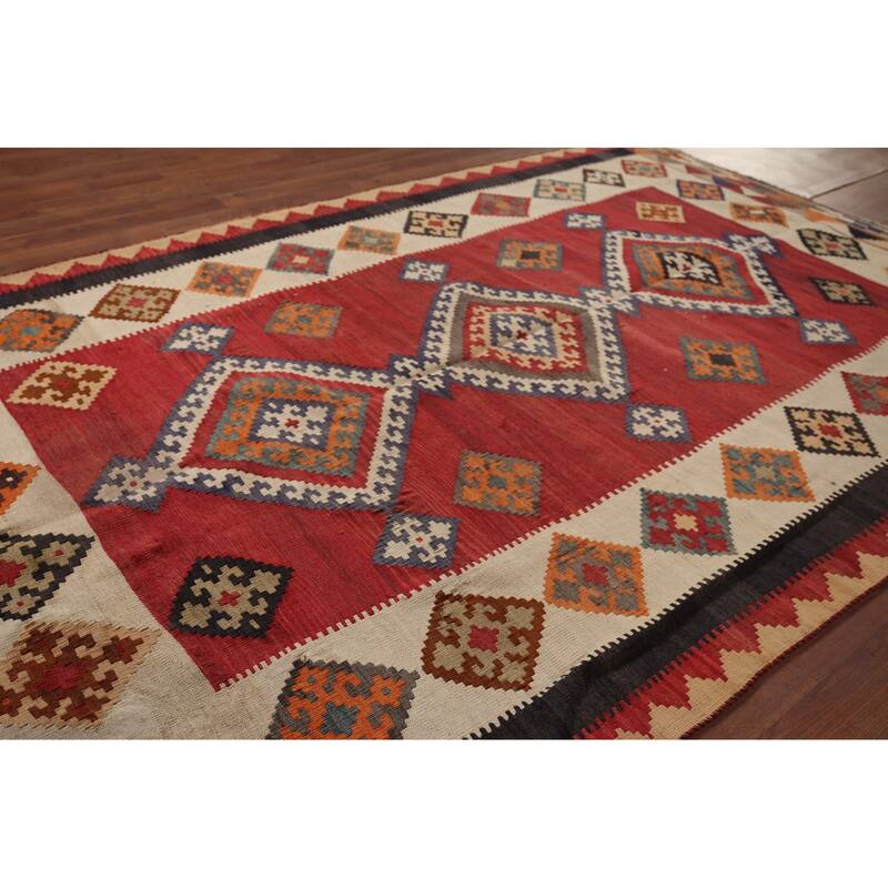 Kilim Qashqai Persian Vintage Rug Hand-Woven Red Wool Carpet - 5'4"x 8'3"