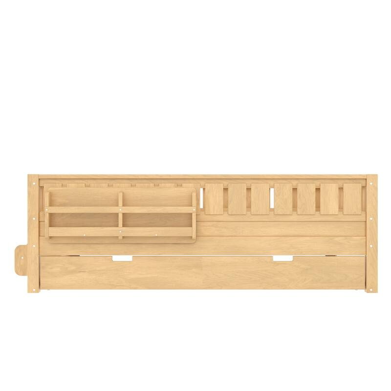 Full/Twin Size Wood Bed with Built-in Bookshelves and Storage Staircase, Safety Rails and Trundle Bed
