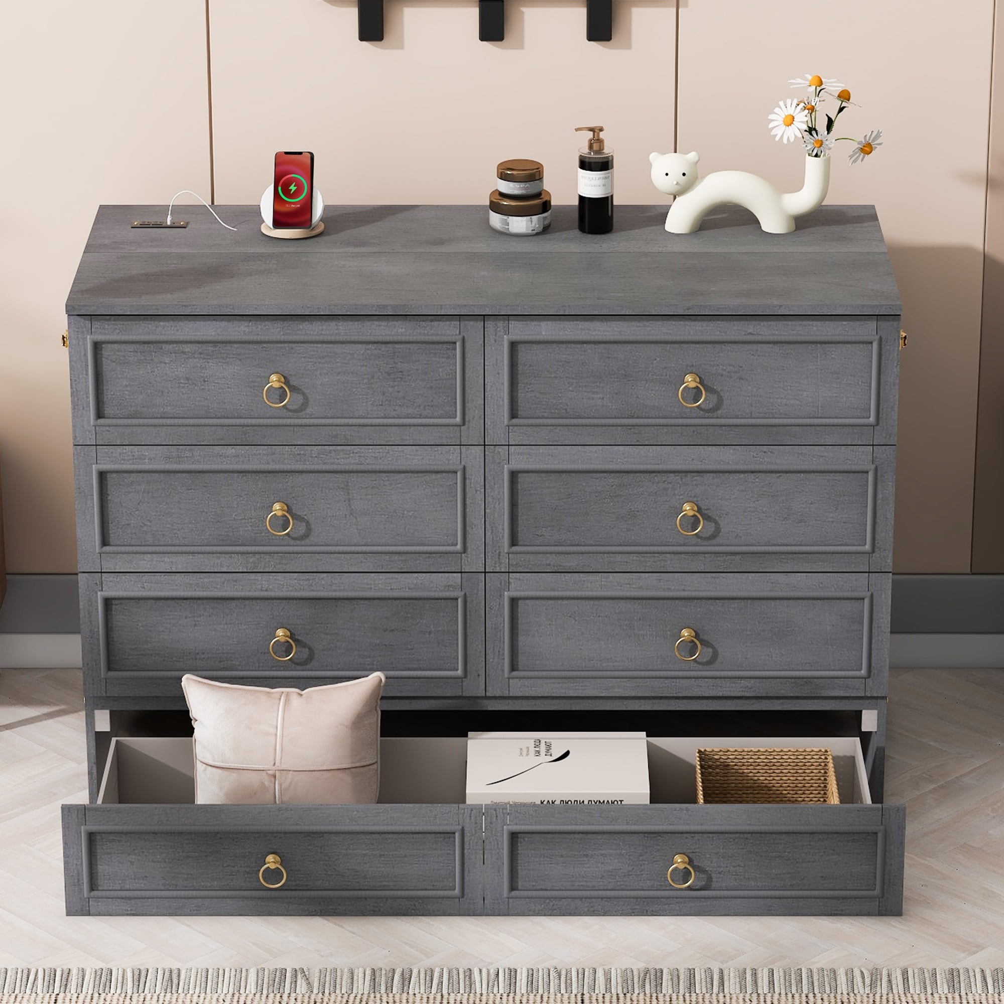 Murphy Bed Folding Wall Hideaway Chest with USB Port & a Large Drawer, Space Saving Cabinet Bed Frame with Wood Slats Supports