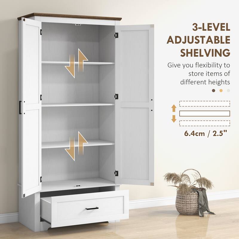 69" Tall Kitchen Pantry Storage Cabinet, Farmhouse Freestanding Pantry Cabinet with 2 Doors, Drawer and Adjustable Shelves